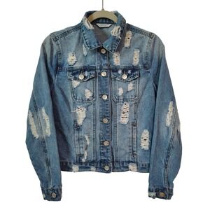 Highway Jeans Denim Jacket Women Small‎ Distressed Blue Button Up Grunge